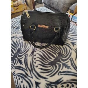 Mei&ge Black Faux Crocodile Embossed Satchel Patent Handbag Gold Hardware